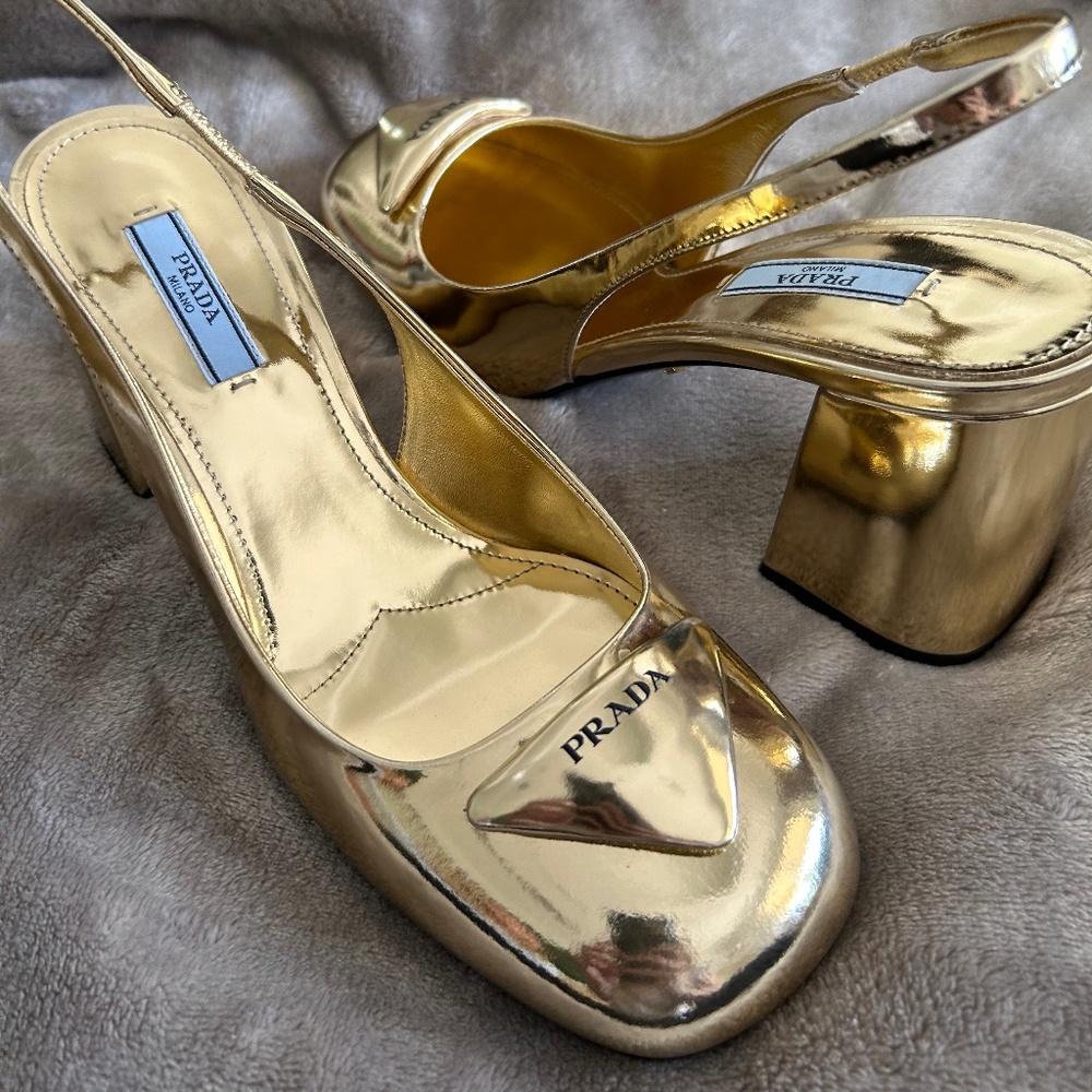 Prada patent leather sling back pumps